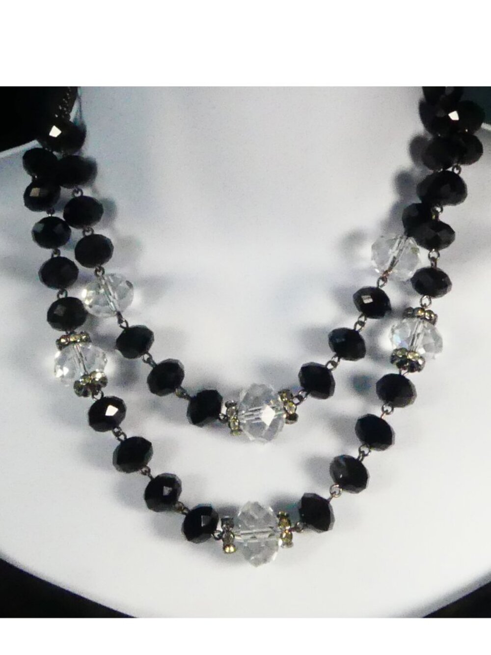 Black Crystal Choker Necklace 1950's CROWN TRIFARI Faceted Dbl Strand Glam Holly